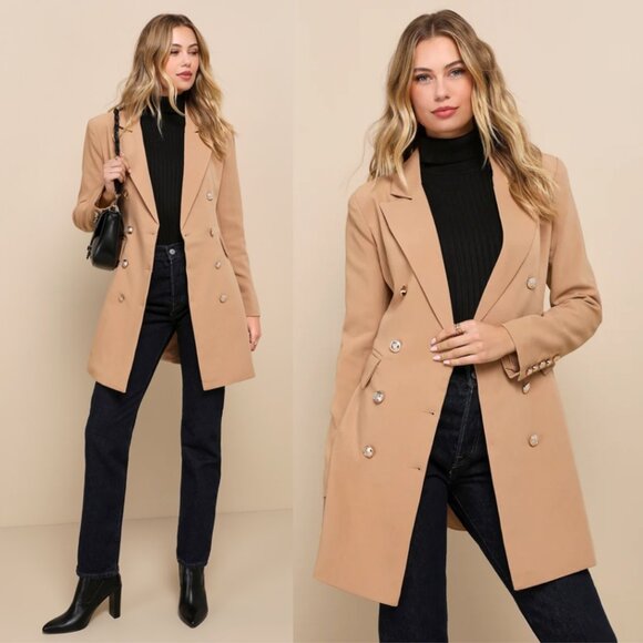 LULUS Captain's Blog Tan Double-Breasted Coat Blazer Size XS - Picture 1 of 11